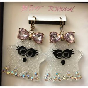 Betsey Johnson Gold Tone Acrylic Girl Ghost Drop Earrings Crystal Accents NWT